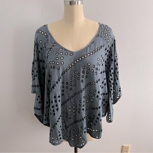 Free People Dot To Dot Eyelet Top Split Bell Sleeve Shirt - Blue- Size Medium